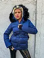 Steppelt kék kapucnis télikabát övvel PRISCILLA