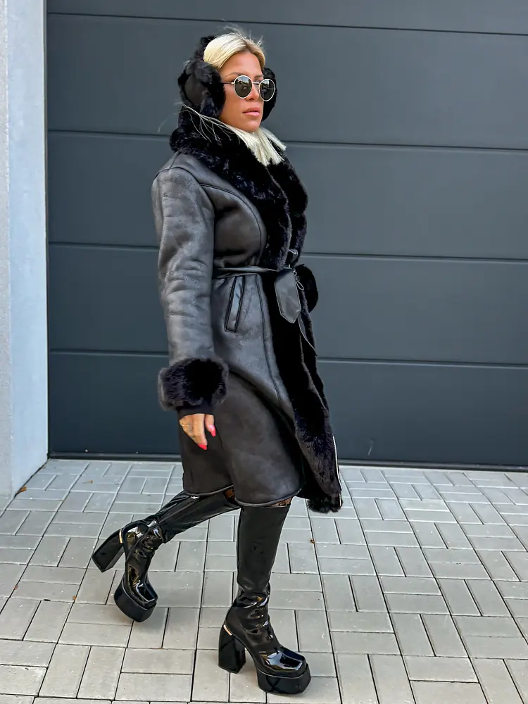 Prémium műszőrmés szarvasbőr kabát övvel BETHA