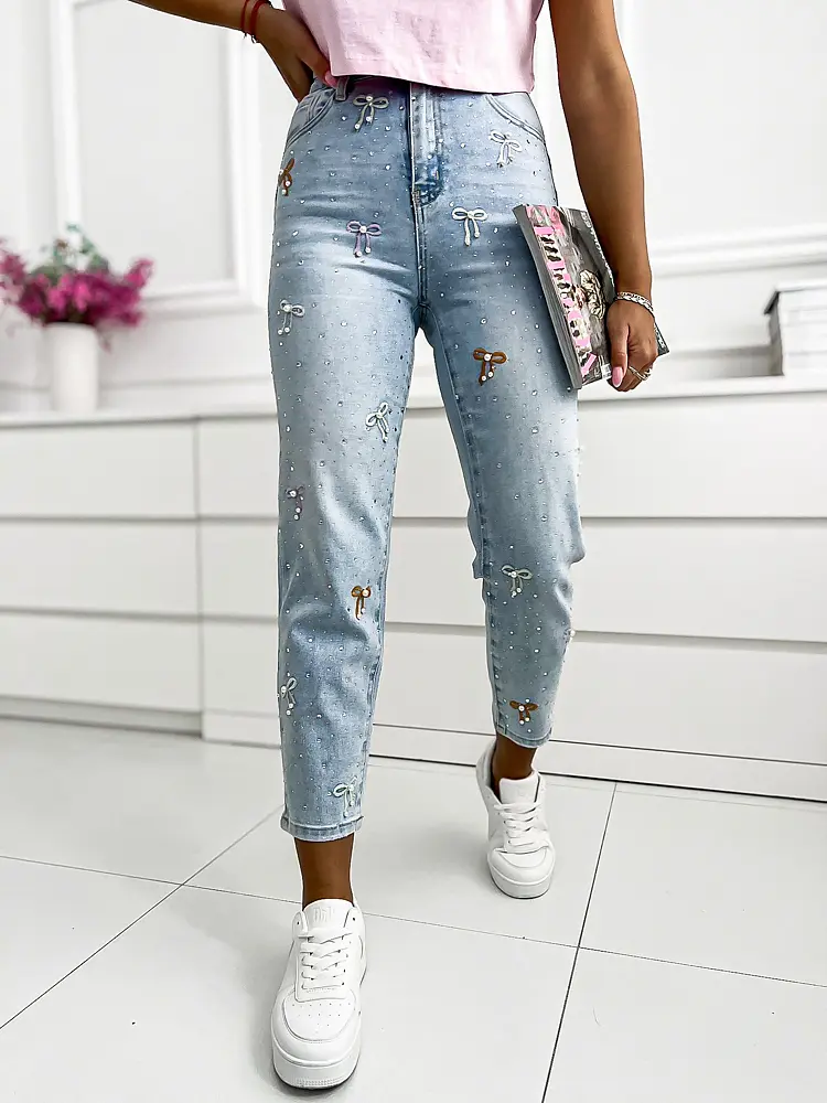 Kövekkel és gyöngyökkel díszített magas derekú farmer - next