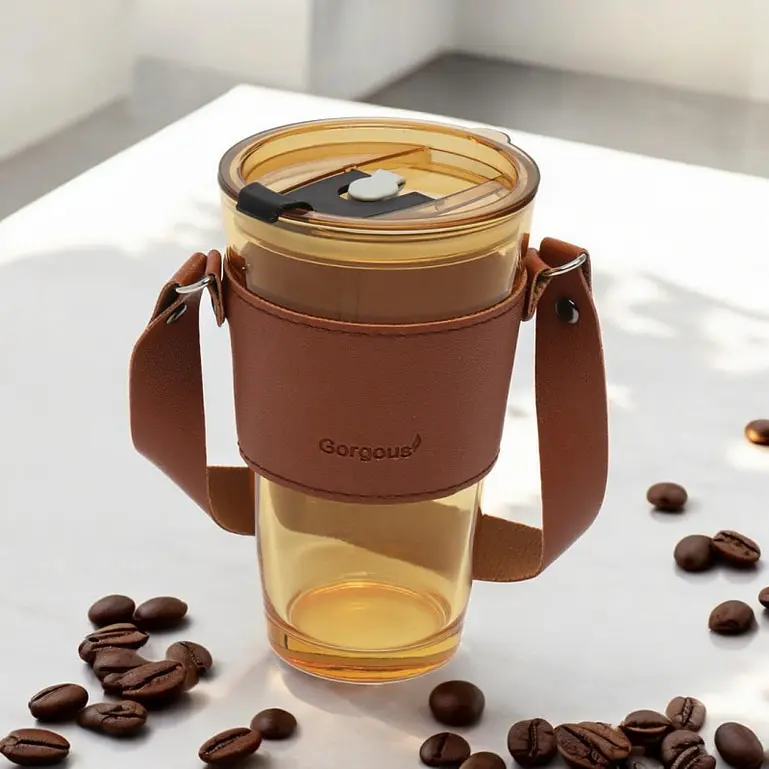 Üveg kávés és teás pohár szívószállal és fedővel, 450 ml 