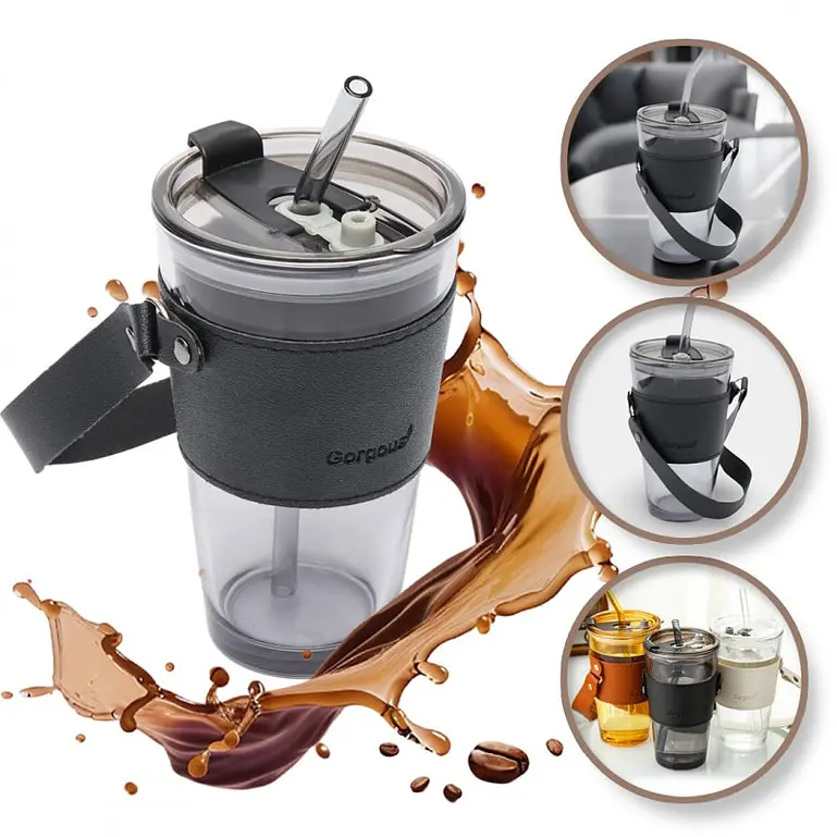 Üveg kávés és teás pohár szívószállal és fedővel, 450 ml  - next