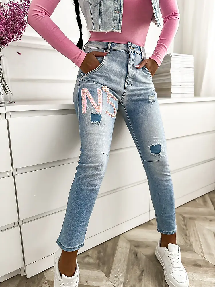 Gyöngyökkel díszített magas derekú mom fit farmer - next