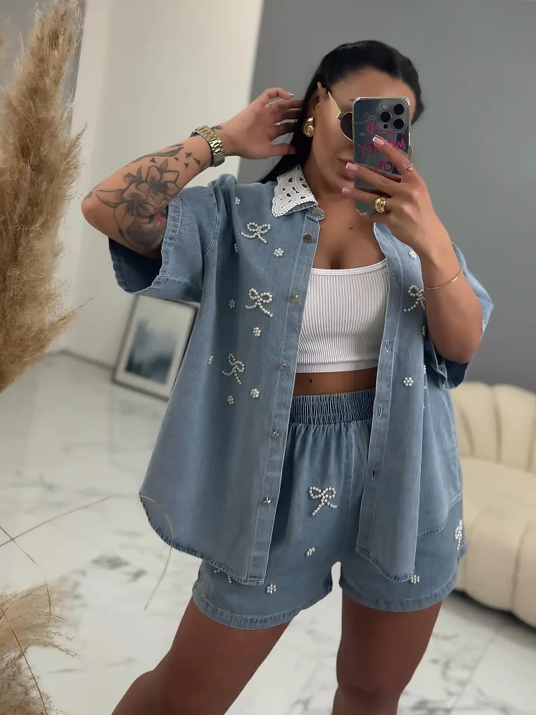 Gyöngyökkel díszített elegáns kétrészes farmer szett VERUS