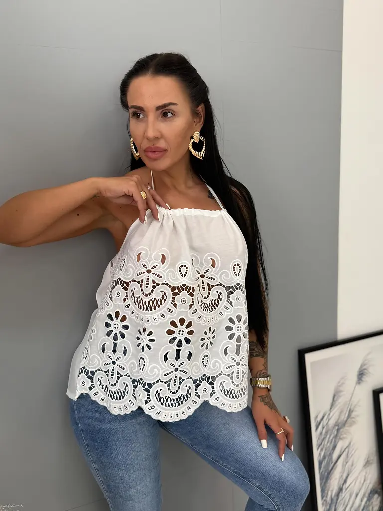 Fehér nyakbakötős hímzett top HELENA