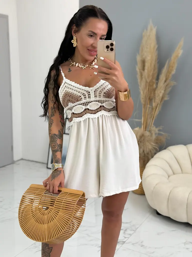 Horgolt hatású vékony pántos overál NICOLE