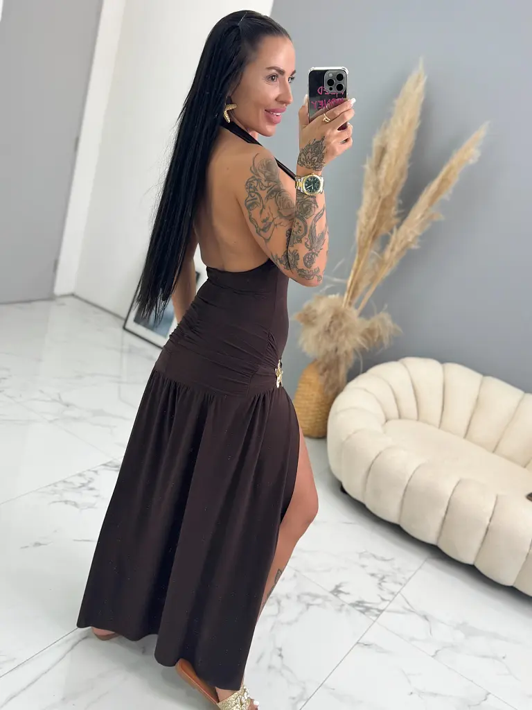 Felsliccelt megkötős barna hosszú ruha ANJALI - next