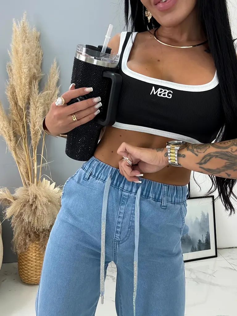 Gumis derekú kék wide-leg farmer