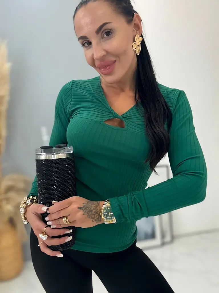 Bordázott anyagú zöld pulóver AGRONA