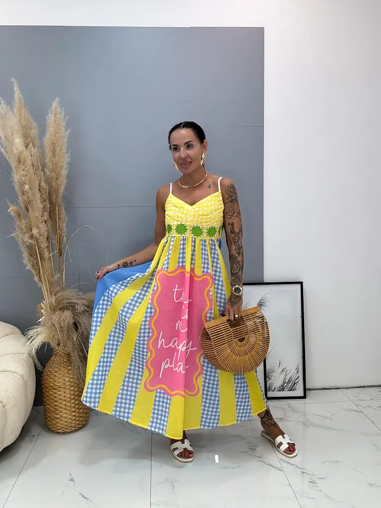 Hosszú mintás len anyagú ruha SUMMER