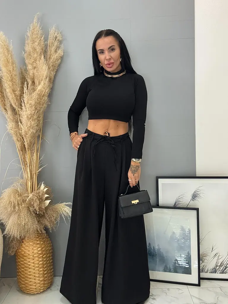 Fekete wide-leg nadrág övvel PARINA