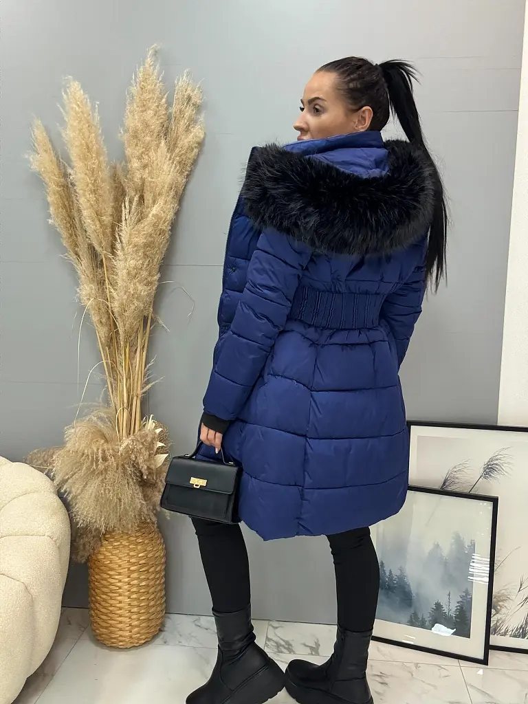 Hosszú steppelt kapucnis kék kabát MYRA - next