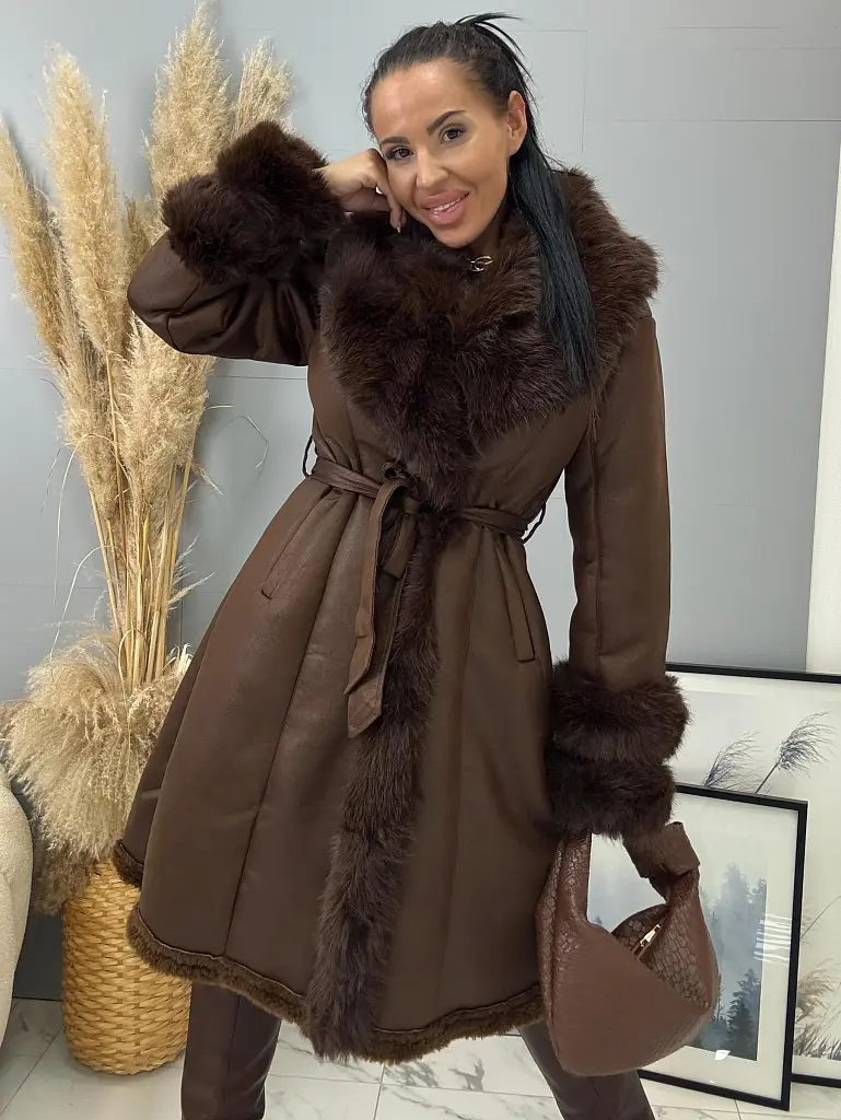 Velúr hosszú kabát szőrmével ANYTA - next