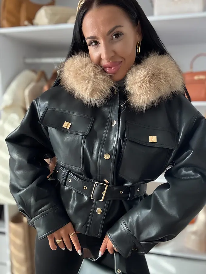 Műbőr kabát szőrmével és kapucnival SERENA