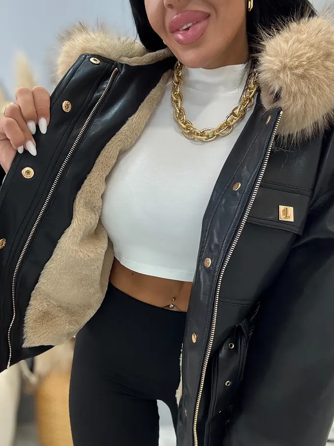 Műbőr kabát szőrmével és kapucnival SERENA