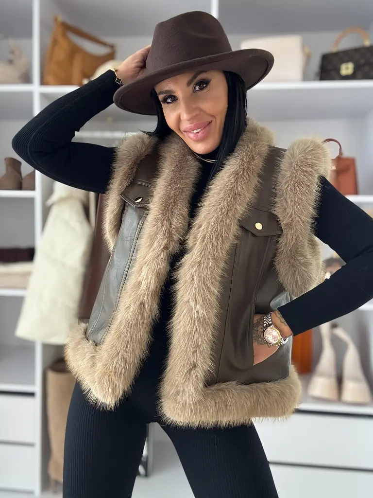 Barna műbőr mellény szőrmével NIOVA