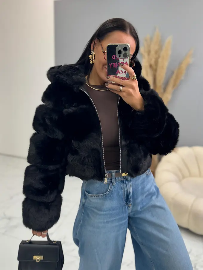 Műszőrmés műbőr kabát kapucnival GIANNA