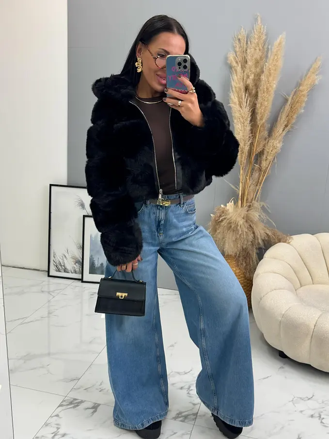 Műszőrmés műbőr kabát kapucnival GIANNA