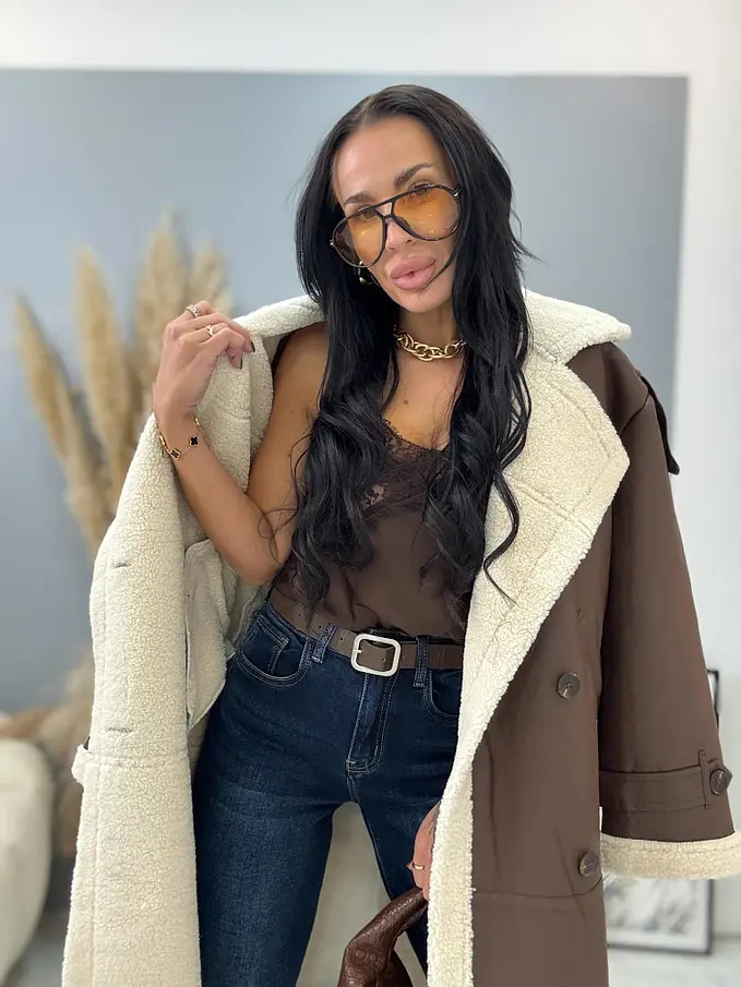 Hosszú műbőr kabát szőrmével HETIE