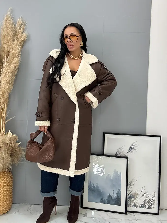 Hosszú műbőr kabát szőrmével HETIE