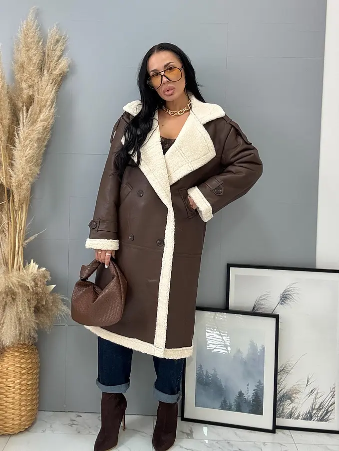 Hosszú műbőr kabát szőrmével HETIE