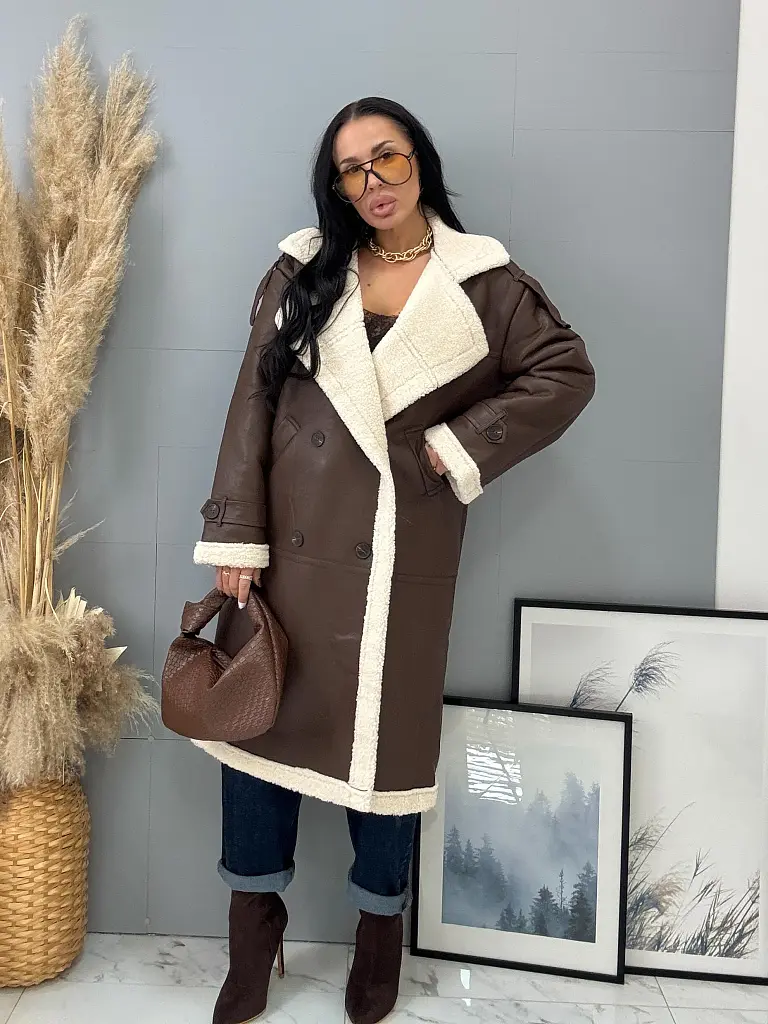 Hosszú műbőr kabát szőrmével HETIE