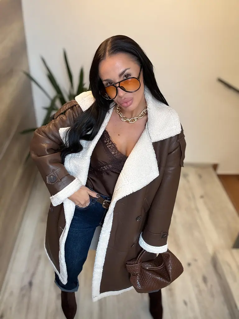 Hosszú műbőr kabát szőrmével HETIE - next