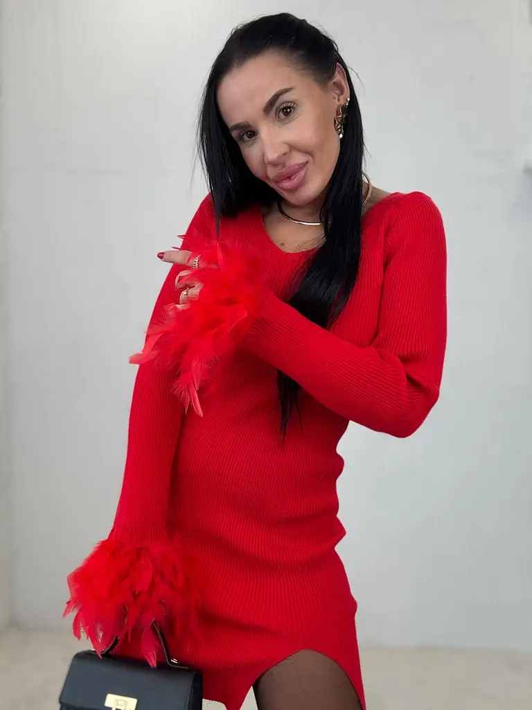 Bordázott anyagú ruha ujjain tollakkal VERA - next