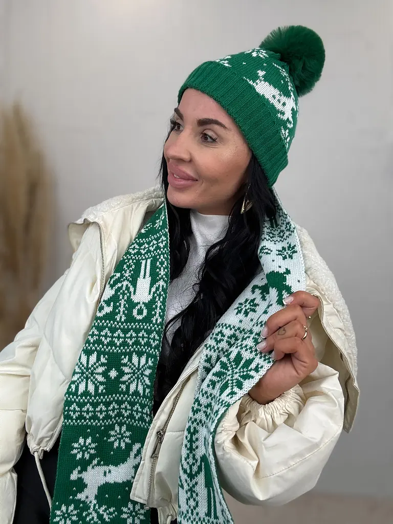 Gombócos mintás meleg sapka sállal