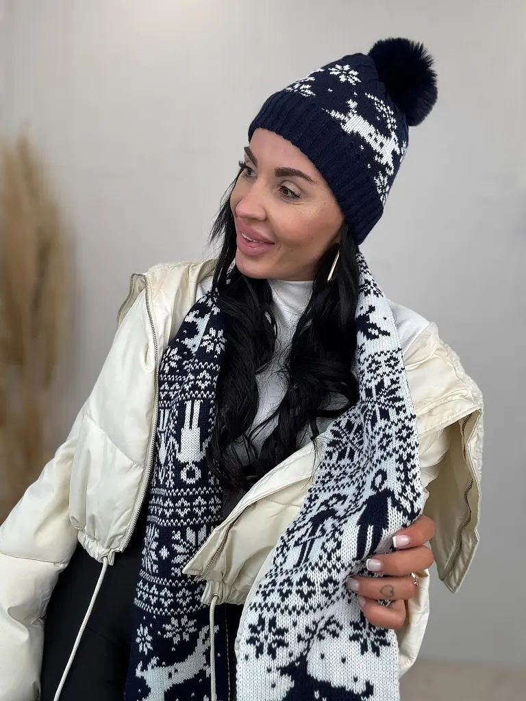Gombócos mintás meleg sapka sállal