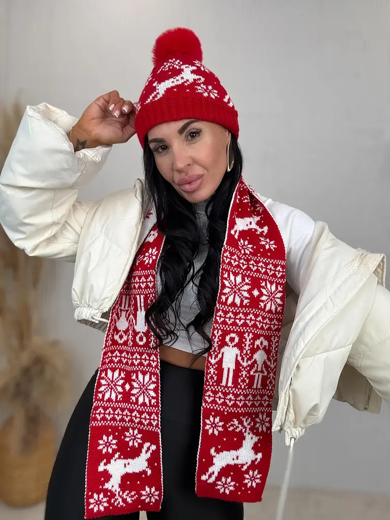 Gombócos mintás meleg sapka sállal - next