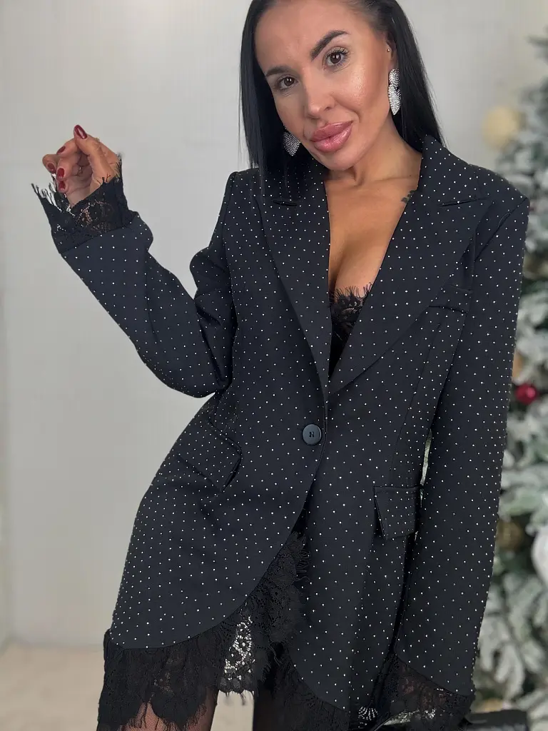 Fekete csillogós zakó csipkével SELINA