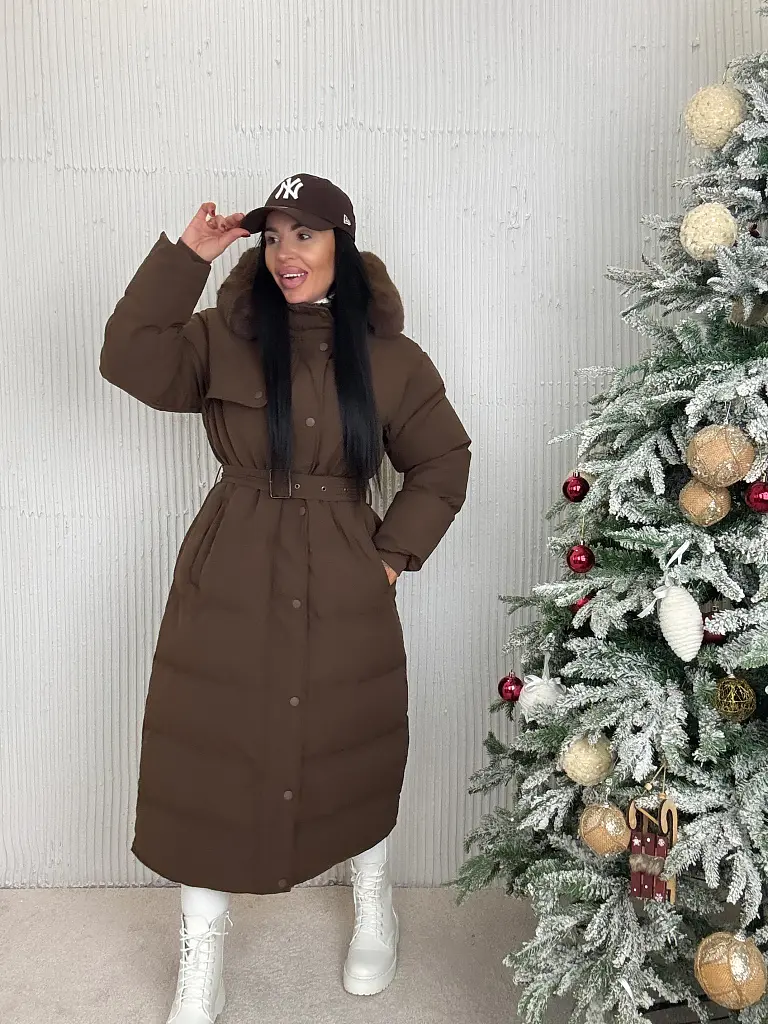 Hosszú szőrmés kapucnis kabát övvel NESIA