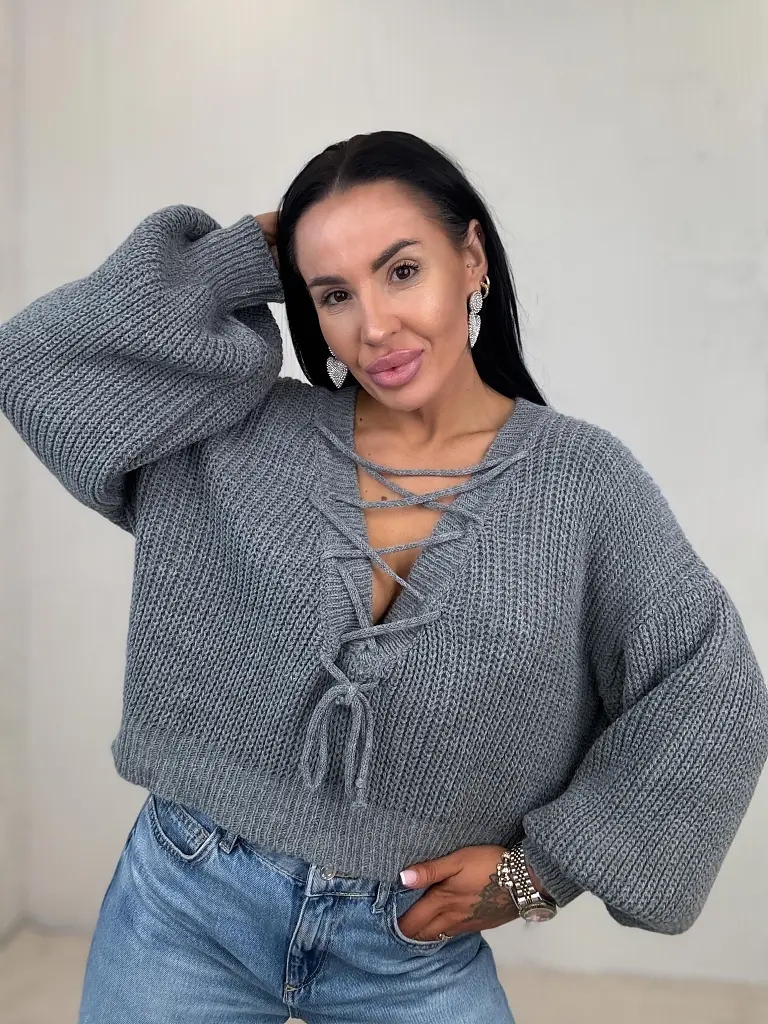 Elöl fűzős kötött pulóver ZAFIRA