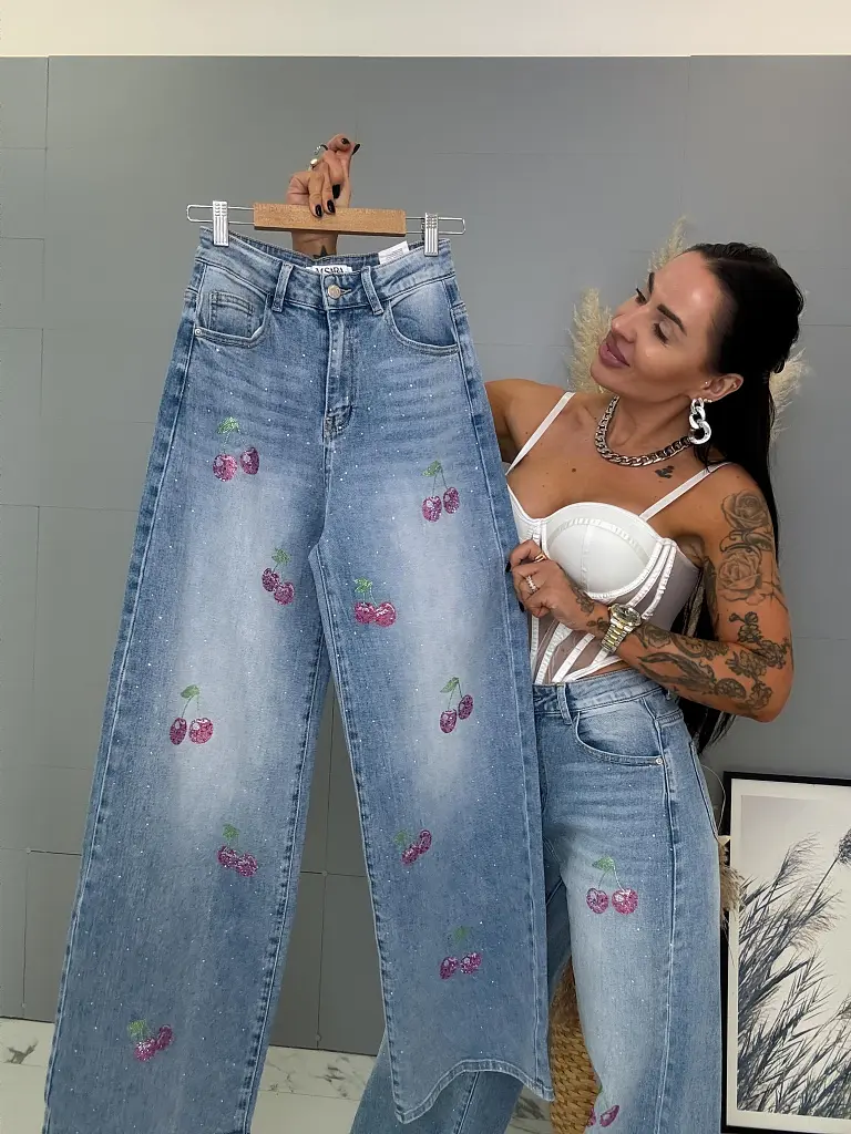 Kövecskékkel díszített magas derekú palazzo farmer 