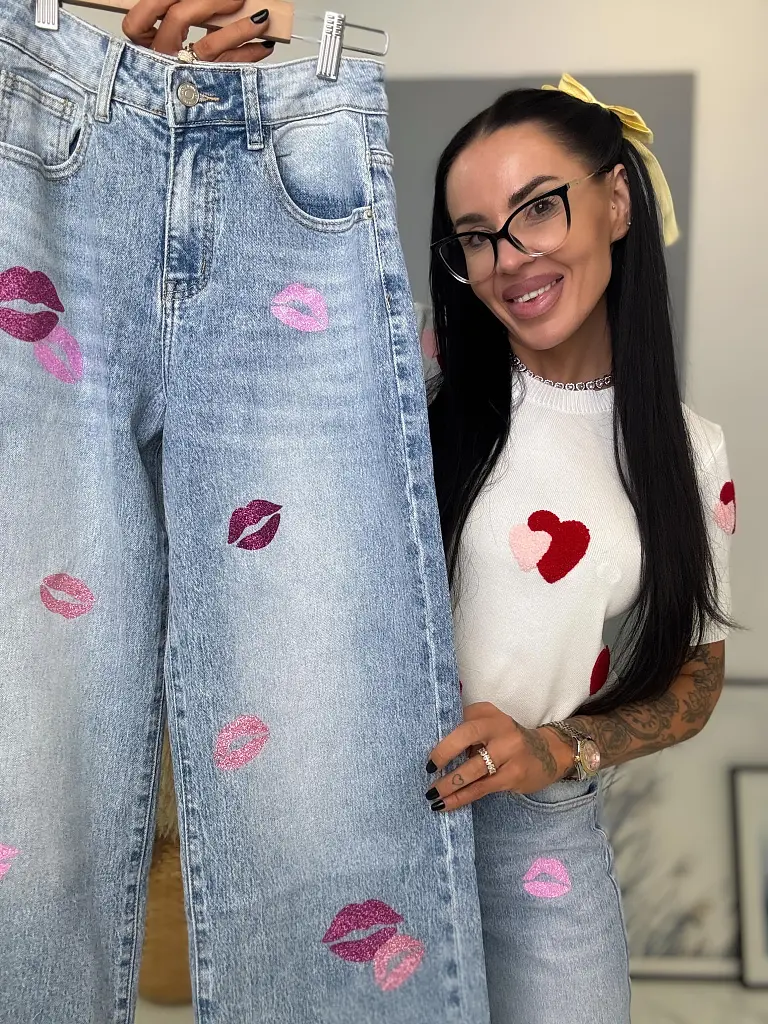 Nyomtatott mintás magas derekú wide leg farmer