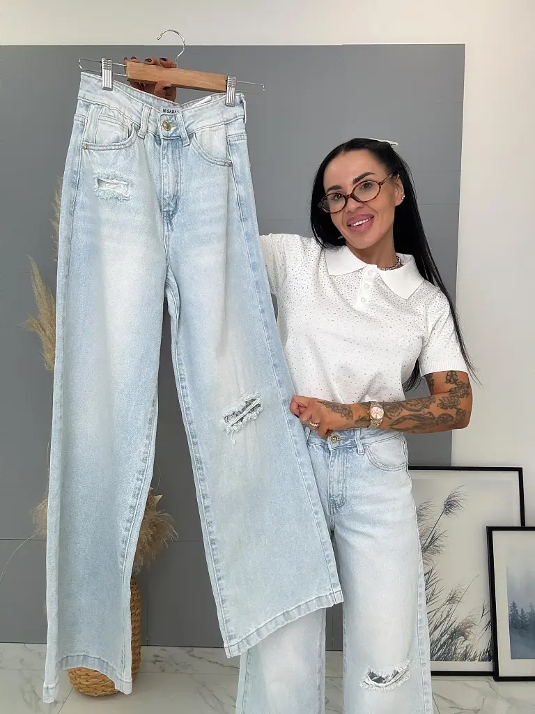 Szaggatott magas derekú wide leg farmer csipkével - next