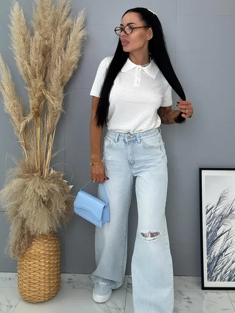 Szaggatott magas derekú wide leg farmer csipkével