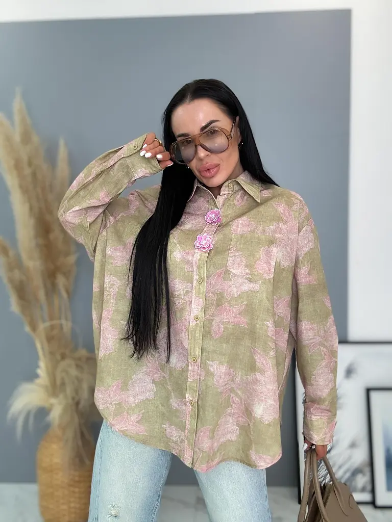 Oversized virágmintás ing díszített kapoccsal FLOWER