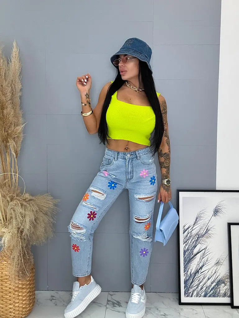 Szaggatott magas derekú mom fit farmer nyomtatott mintával - next