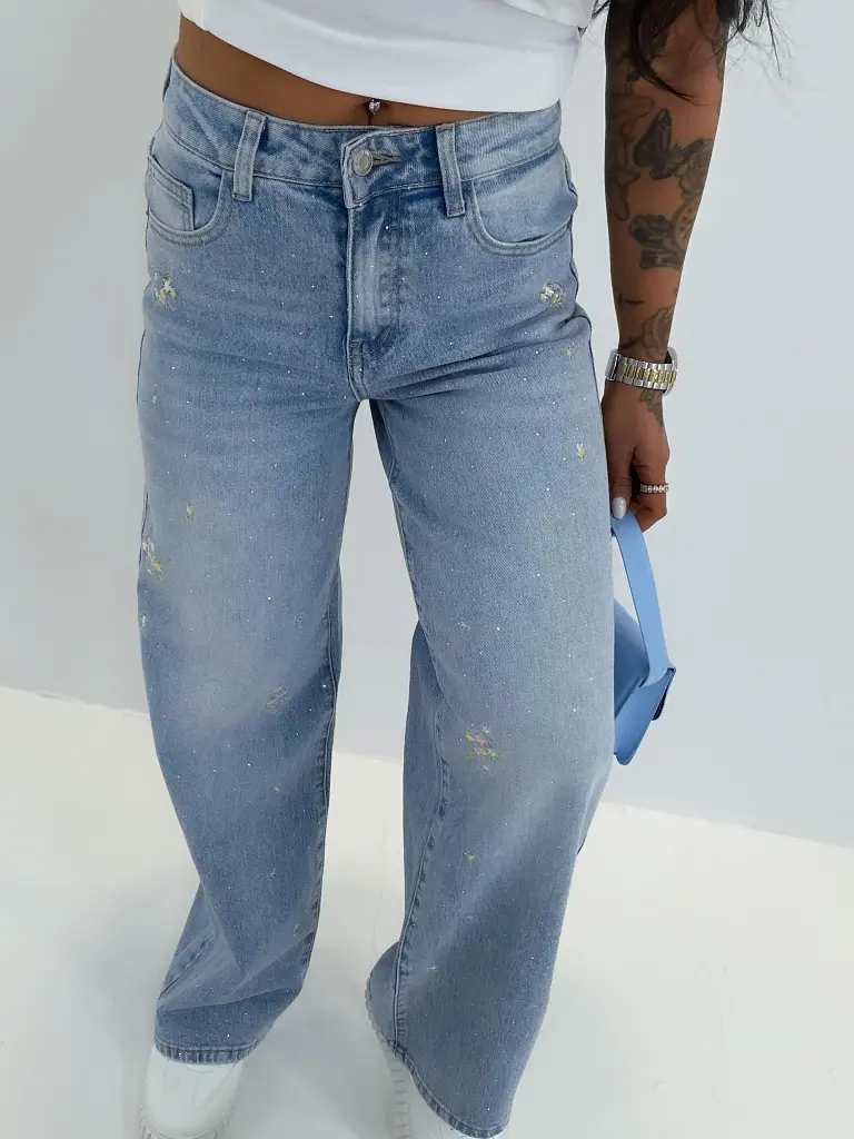 Kövecskékkel díszített magas derekú hímzett wide leg farmer - next