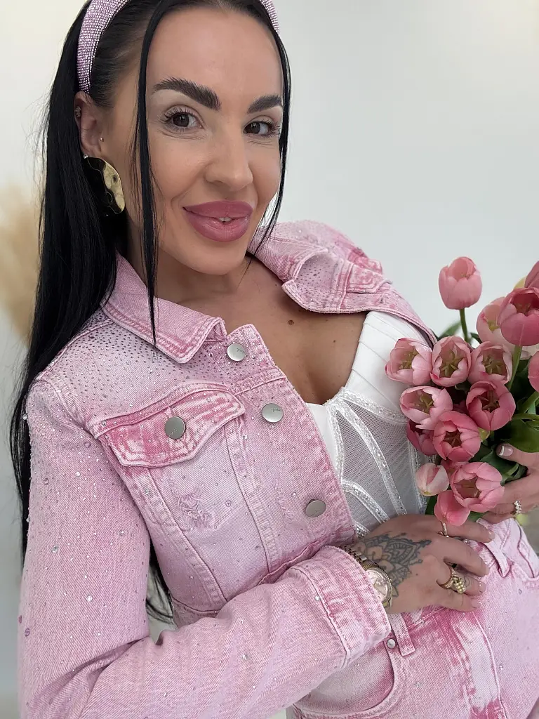 Pink crop denim kabát strasszkövekkel XENIA - next