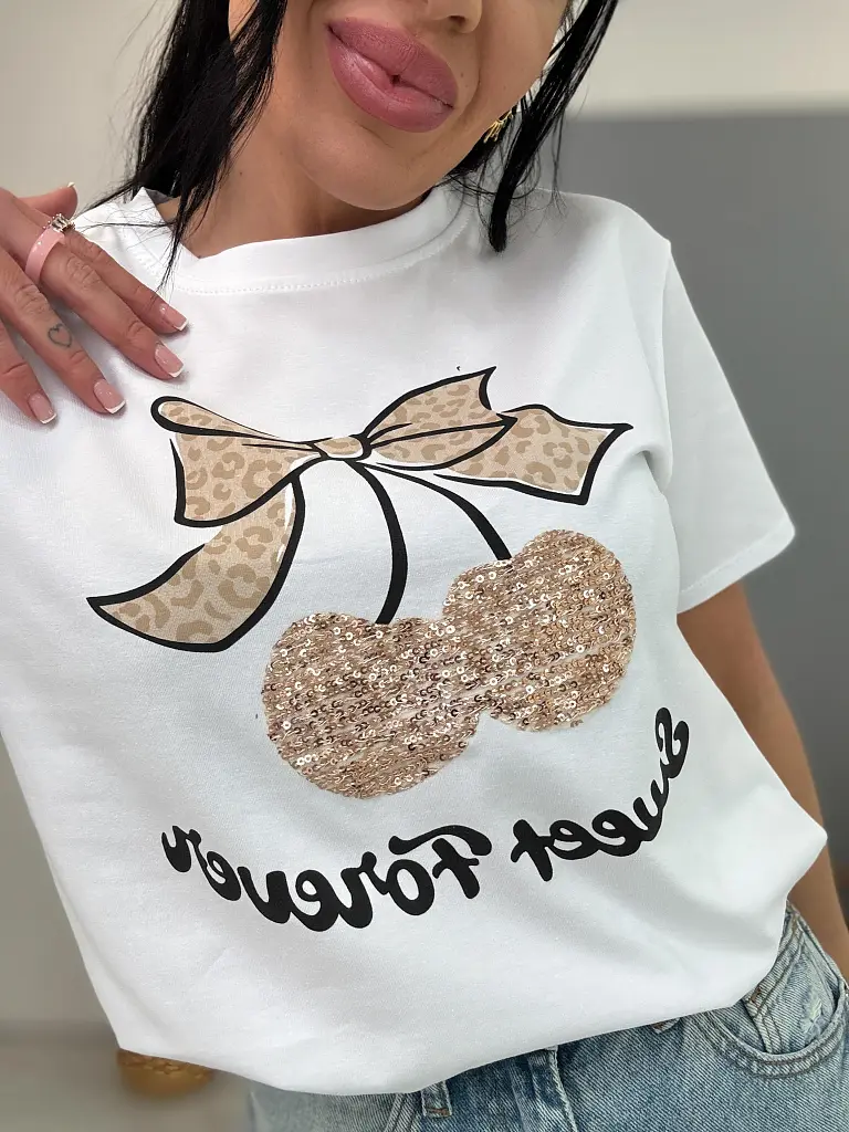 Fehér trikó flitteres díszítéssel és lenyomattal CHERRY GOLD - next
