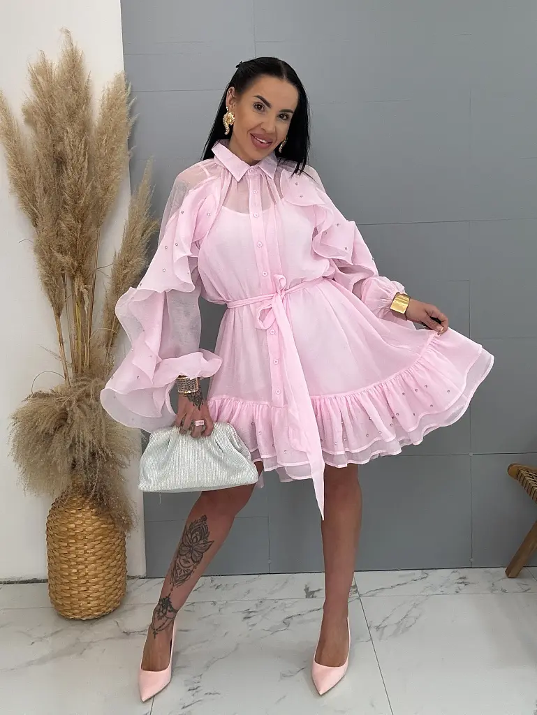 Fodros sifon ruha kövecskékkel díszítve és övvel LUXURY