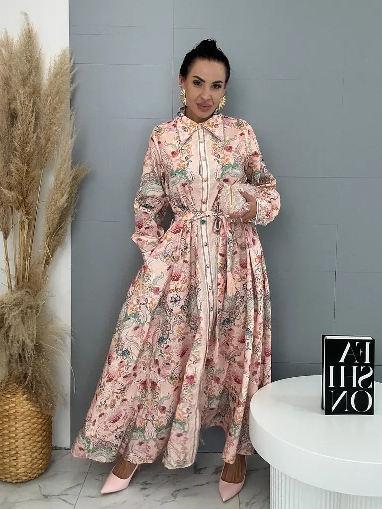 Hosszú virágmintás gombos ruha övvel ROSEA - next