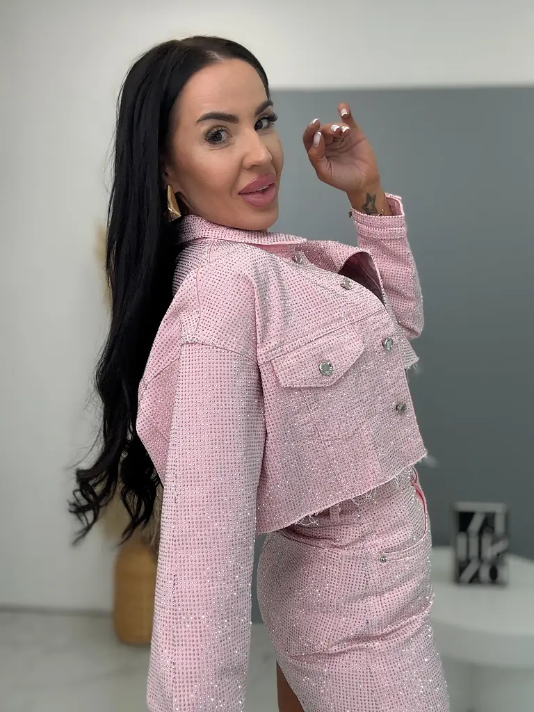Pink crop denim kabát strasszkövekkel CRYSTAL