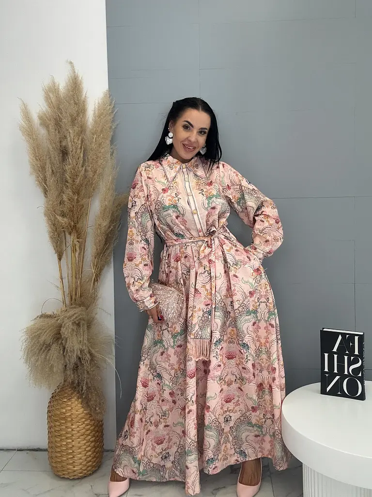 Hosszú virágmintás gombos ruha övvel ROSEA - next