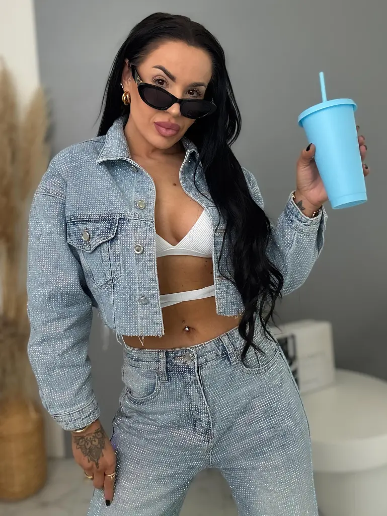 Crop denim kabát strasszkövekkel RAINBOW DIAMOND