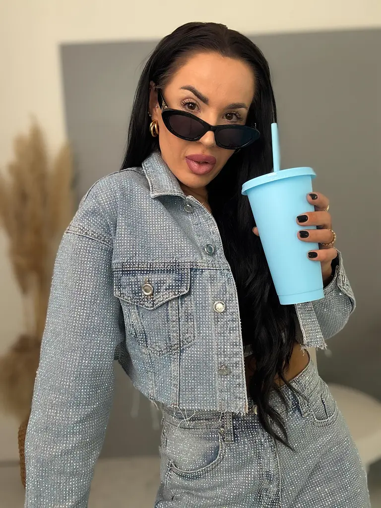 Crop denim kabát strasszkövekkel DIAMOND BLUE - next