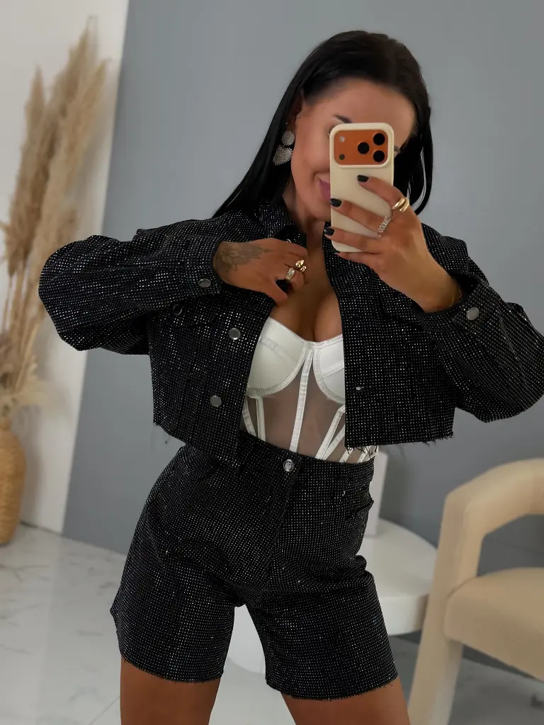 Black crop denim kabát strasszkövekkel CRYSTAL - next