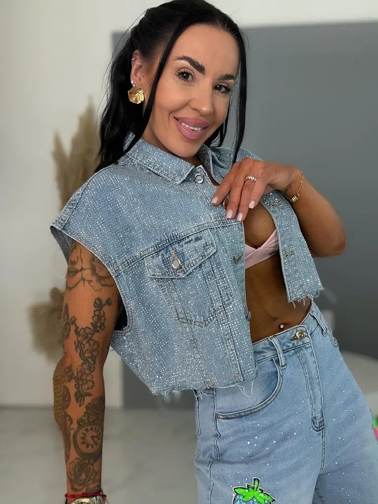 Crop denim mellény strasszkövekkel BLUE BRILLANCE